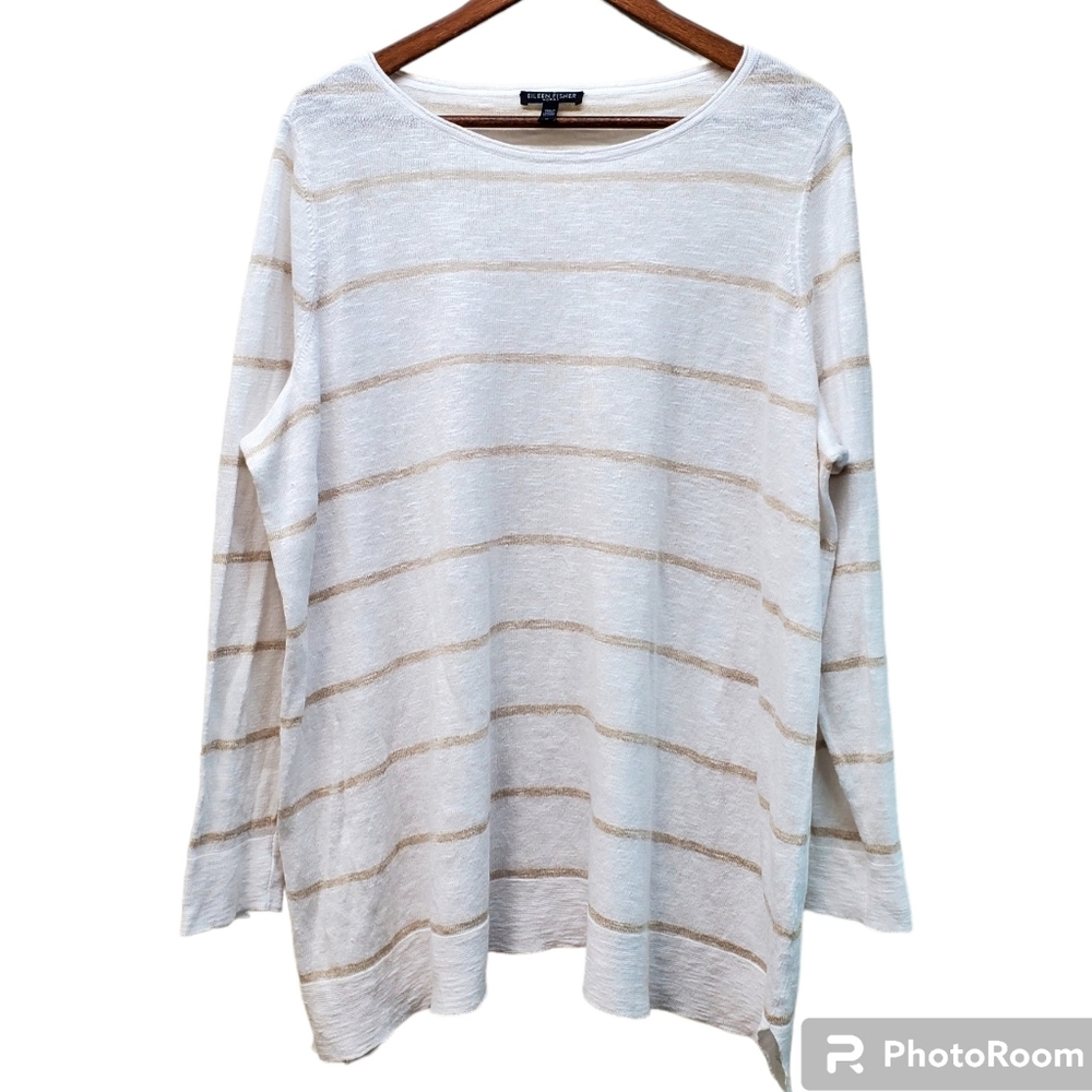 EILEEN FISHER Woman Striped Organic Cotton Blend Lightweight Sweater in Size 1X